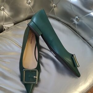 Paravano Pointed Toe Emerald Green Flats with Gold Buckle